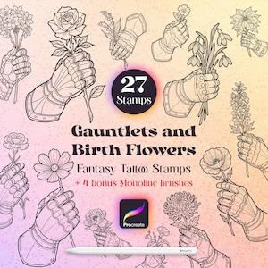 27 Gauntlet Birth Flower Procreate Briefmarken | Mittelalterliches Fantasy Tattoo-Set | Line Art Digitaler Download
