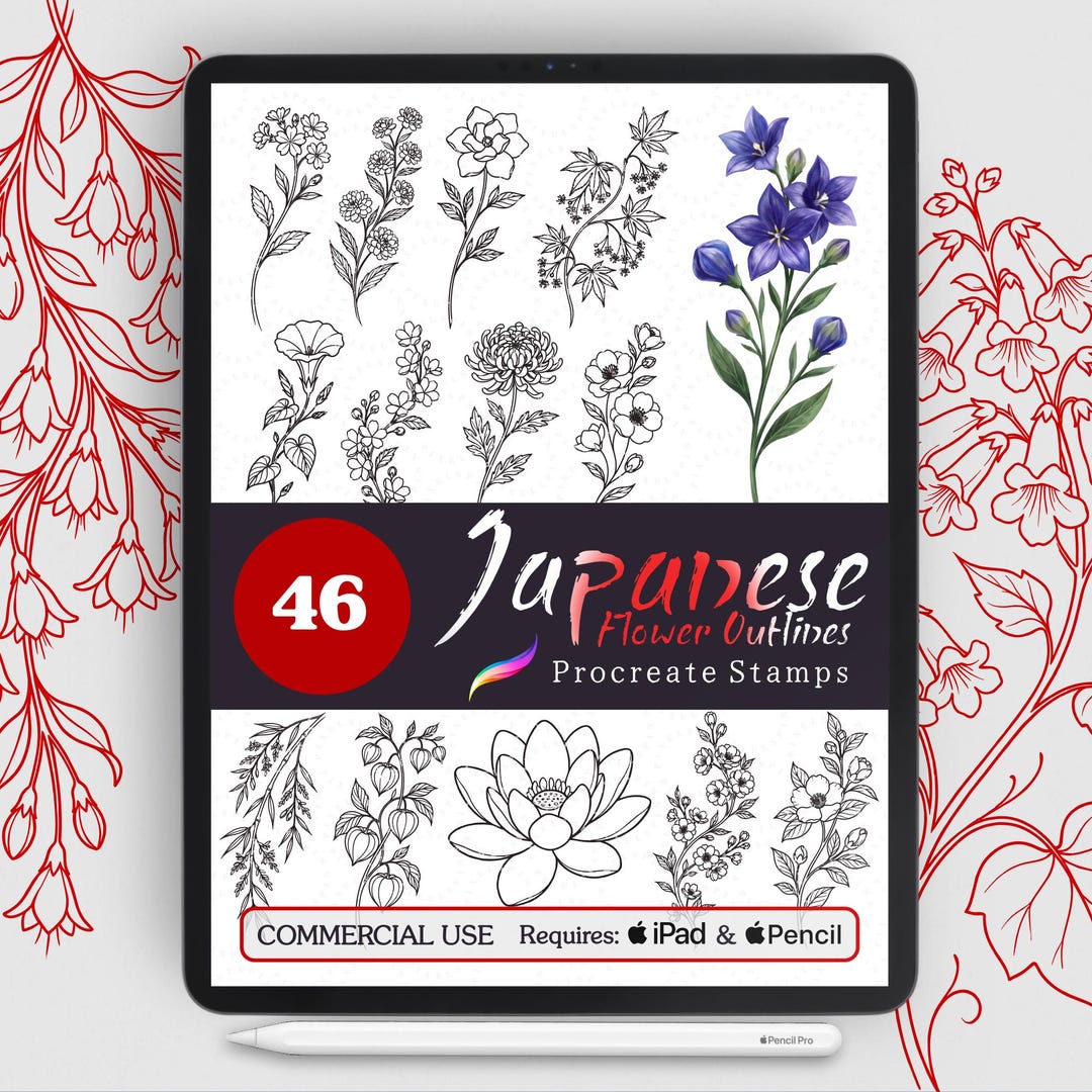 46 Japanese Flower Stamps for Procreate | Minimalist Botanical Line Art ...