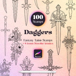 Könnte beinhalten: Eine digitale Sammlung von 100 Dolch-Stempeln für Procreate mit schwarzen Strichzeichnungen verschiedener Schwerter, die mit Blumen, Schlangen und Totenköpfen verziert sind. Der Text lautet 100 Stamps Daggers Fantasy Tattoo Stamps + 4 bonus Monoline brushes.