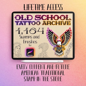 Könnte beinhalten: Ein digitales Tablet mit dem Text 'LIFETIME ACCESS OLD SCHOOL TATTOO ARCHIVE 1,164 Stamps and Brushes for Procreate' und Illustrationen einer Frau, einer Schlange, eines bunten Adlers und einer Kette. Ein weißer Eingabestift liegt unter dem Tablet.
