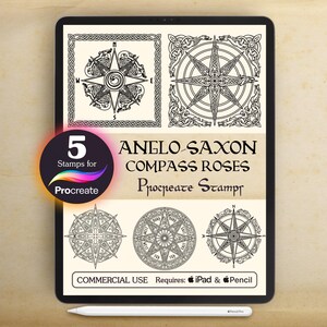 May include: A digital tablet screen displaying five black and white Anglo-Saxon compass rose designs for Procreate. The text reads 5 Stamps for Procreate, Anglo-Saxon Compass Roses, Procreate Stamps, Commercial Use, and Requires iPad and Pencil.