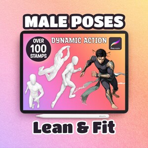 Oltre 100 timbri di pose maschili in forma / Uomini atletici e snelli in azione - Pennelli per Procreate / Character design / Download digitale