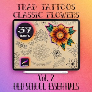 37 Procreate Flower Tattoo Stamps | Old School American Traditional | Stylised Blooms Set Vol. 2
