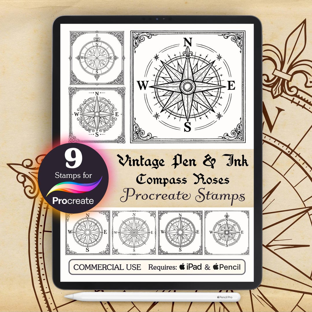 Ink Compasses Procreate Compass Rose Stamps | 9 Vintage Pen & Ink Brushes | Fantasy ...