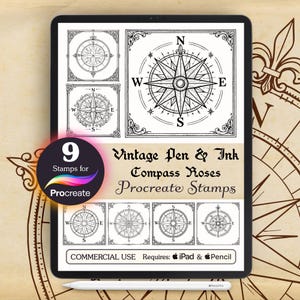May include: A digital art product on a tablet, showcasing nine vintage pen and ink compass rose stamps for Procreate. The design includes a compass rose with cardinal directions and decorative borders. Text reads "Vintage Pen & Ink Compass Roses Procreate Stamps."
