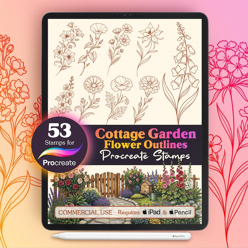 53 Cottage Garden Flower Outlines | Floral Procreate Stamps Bundle ...