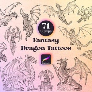May include: A digital collection of 71 black and white line art dragon stamps for Procreate, featuring various dragon poses, including dragons in flight, perched on rocks, and atop a castle, with the text 71 Stamps Fantasy Dragon Tattoos.