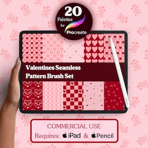 May include: A digital tablet displays a Valentine's Day seamless pattern brush set. The tablet shows various patterns with hearts in shades of red and pink. The image includes the text "20 Palettes for Procreate" and "Valentines Seamless Pattern Brush Set."