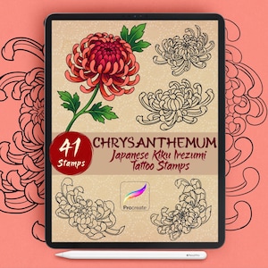 May include: A digital art set displayed on a tablet, featuring chrysanthemum designs. The set includes a large, colorful flower and several black and white line drawings. Text reads "Chrysanthemum Japanese Kiku Irezumi Tattoo Stamps".