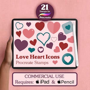 May include: A digital tablet screen displaying 21 various heart-shaped icons in shades of red, pink, and teal. The text reads Love Heart Icons Procreate Stamps, 21 Stamps for Procreate, and Commercial Use Requires iPad & Pencil with Apple icons.