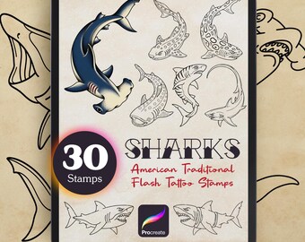 30 Shark Procreate Stamps | American Traditional Tattoo Brush Set | Flash Art Designs | Digital Download