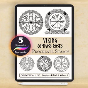 May include: A digital tablet displays five Viking compass rose designs in black and white. The text reads "VIKING COMPASS ROSES PROCREATE STAMPS" and "5 Stamps for Procreate". The image also states "COMMERCIAL USE Requires: iPad & Pencil".