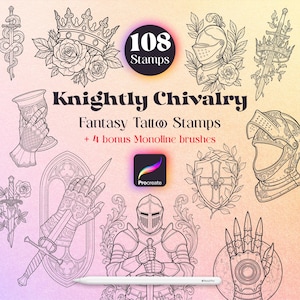 108 Fantasy Knight Tattoo Procreate Stamps Bundle | Fine Line Chivalry Designs | Swords, Crowns, Armour | Digital Download