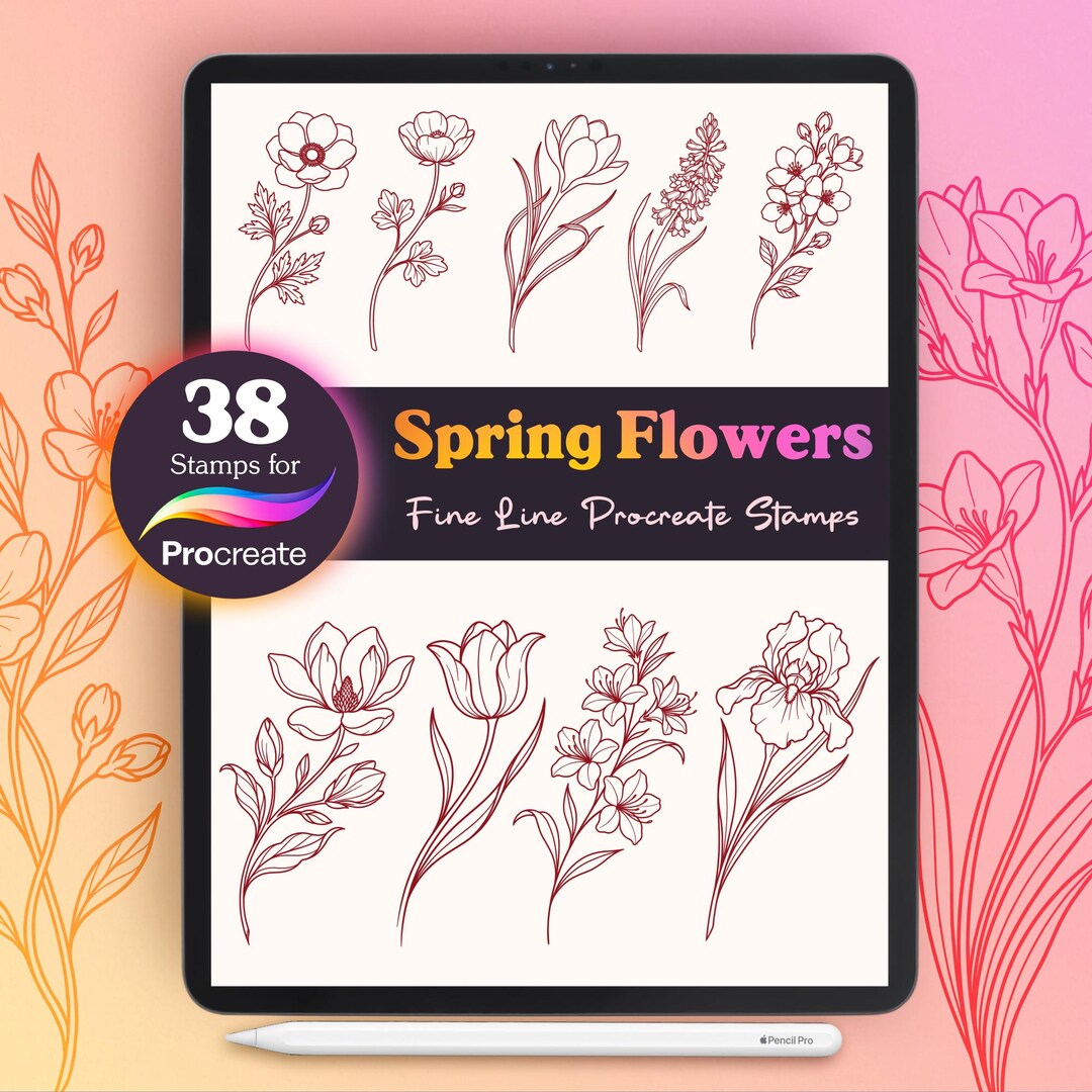 38 Spring Flower Procreate Stamps | Fine Line Floral Tattoo Design ...