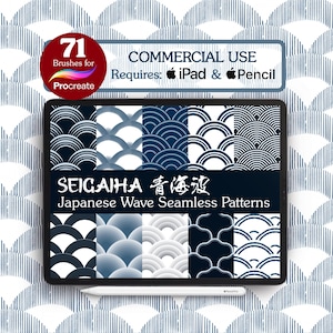 May include: A digital art product displayed on an iPad, featuring Japanese wave seamless patterns. The image includes the text "SEIGAIHA Japanese Wave Seamless Patterns" and indicates compatibility with iPad and Pencil. A circular graphic states "71 Brushes for Procreate".