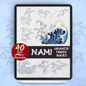 May include: A digital art display on a tablet shows various Japanese finger wave designs in shades of blue. The text reads "NAMI Japanese Finger Waves" and "40 Stamps Procreate". A white stylus is at the bottom.