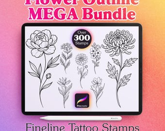 May include: A digital tablet displaying a Flower Outline MEGA Bundle with over 300 stamps for Procreate. The screen shows various black and white floral line art illustrations, including peonies and chrysanthemums, with a stylus pen positioned below.
