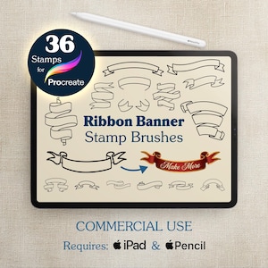 May include: A digital art set displayed on a tablet, featuring 36 ribbon banner stamp brushes for Procreate. The image includes a stylus and text that reads "Ribbon Banner Stamp Brushes" and "Make More". Commercial use requires an iPad and Pencil.