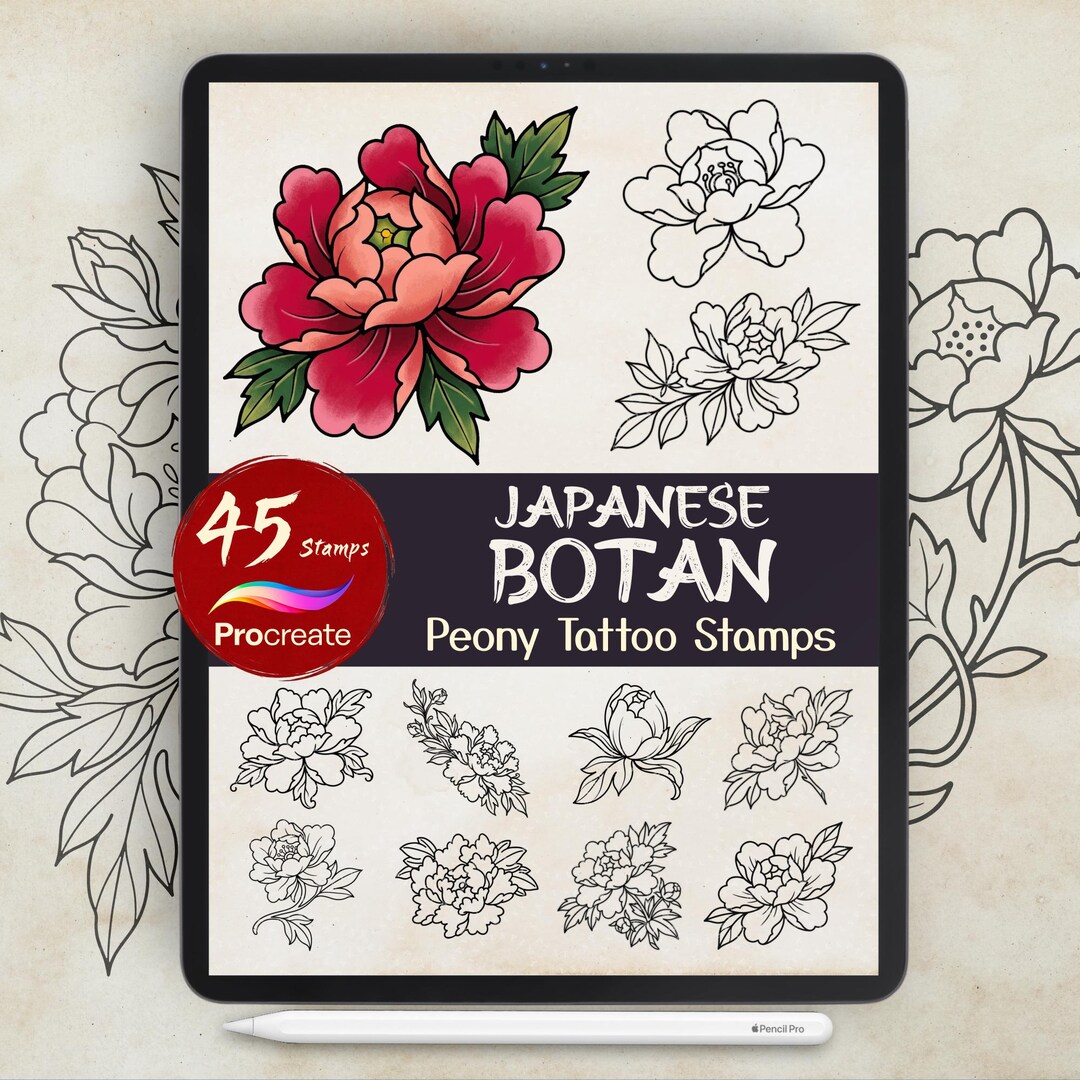 45 Peony Tattoo Stamps for Procreate | Japanese Botan Irezumi Floral ...