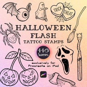 May include: A digital collection of Halloween flash tattoo stamps for Procreate on iPad, featuring black line art illustrations of a winged eyeball, a ghost on a scooter, heart candies, a spider with a skull, a broom, a mask, and pumpkin cherries.