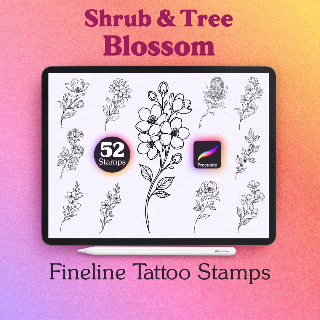 52 Shrub & Tree Blossom Procreate Stamps | Botanical Fineline Tattoo ...