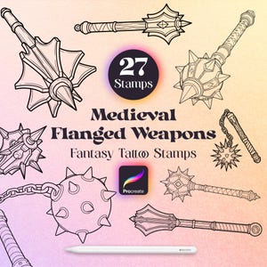 以下が含まれることがあります： Procreate用の27種類のモノクロ線画スタンプコレクション。中世のフランジ付き武器やメイスが描かれています。テキストには「27 Stamps Medieval Flanged Weapons Fantasy Tattoo Stamps」と記されています。下部には白いスタイラスペンが配置されています。