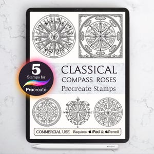 May include: A digital art display on a tablet shows five classical compass rose stamps for Procreate. The design includes the text "CLASSICAL COMPASS ROSES Procreate Stamps" and "COMMERCIAL USE Requires: iPad & Pencil."