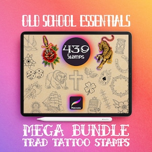 May include: A digital art bundle displayed on a tablet, featuring traditional tattoo designs. The screen shows various illustrations, including a rose, tiger, and dice. The text reads "OLD SCHOOL ESSENTIALS" and "MEGA BUNDLE TRAD TATTOO STAMPS". A stylus rests below.