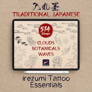 Peut inclure: Une tablette numérique affichant une collection de 514 tampons de tatouage avec des dessins au trait de nuages, de fleurs et de vagues. L'écran présente le texte "514 Stamps," "CLOUDS BOTANICALS WAVES," "Procreate," et "Irezumi Tattoo Essentials."