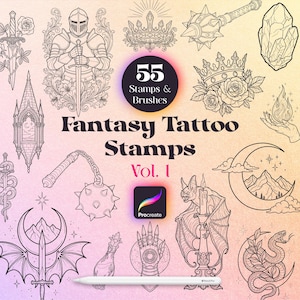 May include: A digital collection of 55 fantasy tattoo stamps and brushes for Procreate, featuring black line art illustrations of knights, crowns, swords, maces, crystals, bats, snakes, and moons on a gradient background with a white stylus.