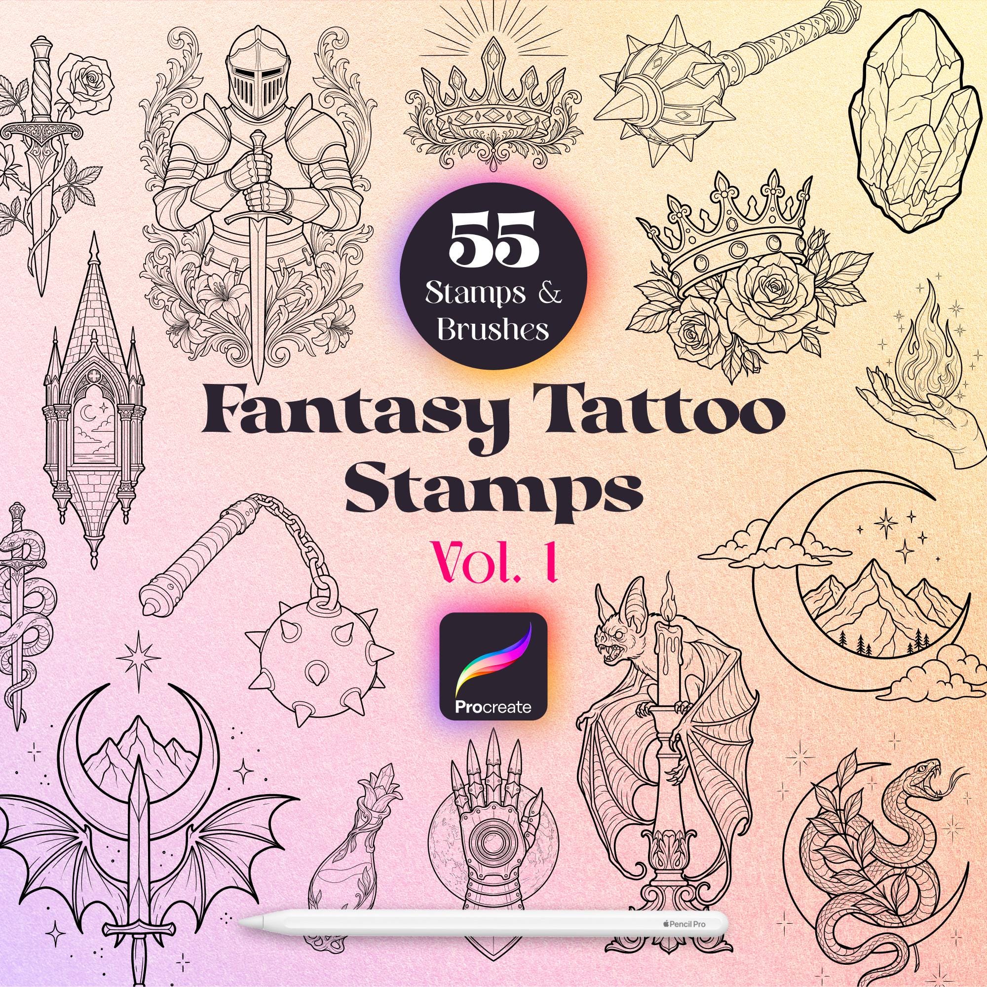 55 Fantasy Tattoo Procreate Stamps | Fantasy Gothic Line Art Designs ...