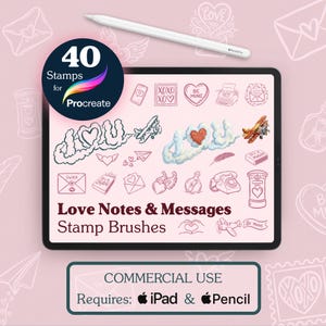 May include: A digital tablet displaying a collection of 40 Procreate stamp brushes titled Love Notes & Messages. The screen features various romantic line art icons, including envelopes, hearts, and airplanes, alongside a white stylus pen.