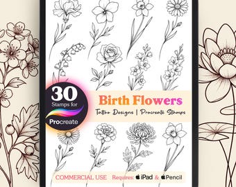 Procreate Birth Flower Stamps, 30 Birth Floral Designs for Custom Tattoos, Botanical Line Art Set for iPad