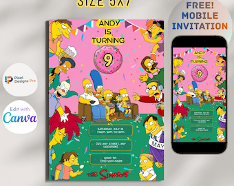 The Simpsons themed birthday invitation, editable Canva template (5 x 7", PDF), Homer, Bart, lisa, Marge, The simpsons family, free mobile.