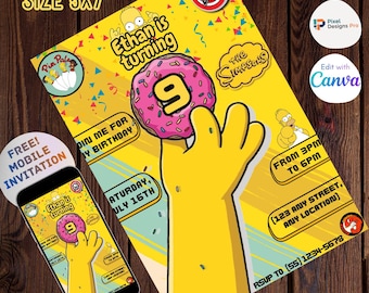 The Simpsons themed birthday invitation, editable Canva template (5 x 7", PDF), Homer Donut.
