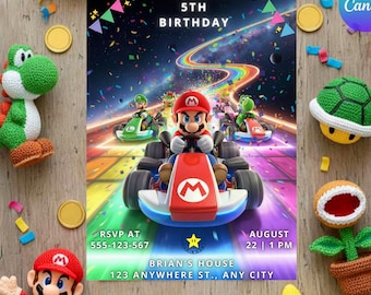 Super Mario Birthday Invitation, Editable Rainbow Road Invite, Video Game Party Decor for Kids, Instant Download Template, Mario Kart invite