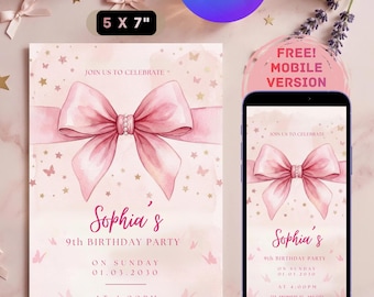 Pink Bow Birthday Invitation, Girl Party Invite, Digital Download, 5x7 Canva Template, Coquette Girl Party, Watercolor invite, Teen invite