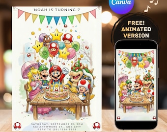 Super Mario Birthday Invitation Watercolor Style, Editable Mario Invite, Peach Luigi Bowser Toad Party Decor, Kids Birthday, animated invite