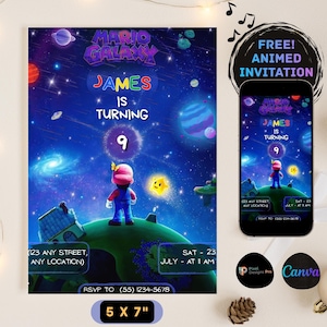 Inbjudan till födelsedag med Super Mario Galaxy-tema, himmelsblå, redigerbar Canva-mall (5 x 7 tum), Mario och planeter, animerad inbjudan, bros. bild 1