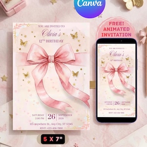 Puede incluir: Una invitación de cumpleaños rosa con un gran lazo y mariposas. La invitación mide 12,7 x 17,8 cm e incluye el texto "Olivia's 12th Birthday". Un smartphone muestra una versión digital de la invitación.
