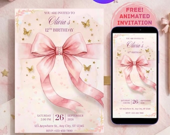 Pink Coquette Bow Birthday Invitation, Animated Video, Editable Template for Girls Party, Instant Download, Coquette Girl Party, Canva edit