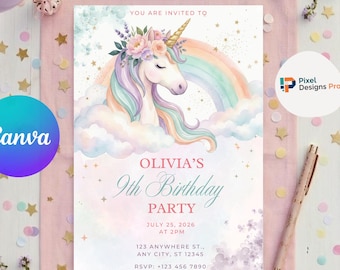 Unicorn Birthday Invitation Template, Watercolor Rainbow Invite, Gold Stars Pastel Floral Invitation, Editable Canva Girls Party Decor