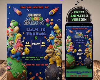 Space Adventure Birthday Party Invitation, 3D Claymation Style Planet Decor, Editable Mario Invite, Mario Galaxy invitation, Editable Canva