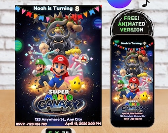 Space Video Game Birthday Invitation, Galaxy party, Mario Invite, Digital Template for kids, Editable Invite Inspired by Super Mario Bros