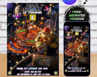 Bowser and Bowser Jr Birthday Invitation, Mario Galaxy Theme Party, Space Theme Invite,Mario Party, Editable Canva Template,Instant Download