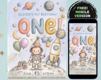 First Birthday Astronaut Invitation Template, Galaxy Space 1st Birthday Invite, Editable Canva, Astronaut Party Decor, Instant Download.