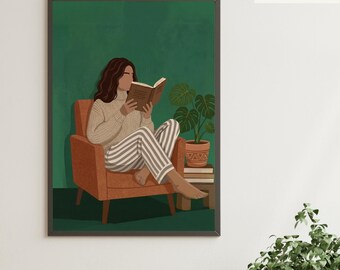 Emerald Green Woman Reading Wall Art: Book Wall Art, Aesthetic Reader Portrait, Minimalist Cozy Decor, Bookish Gift, Digital Art Print