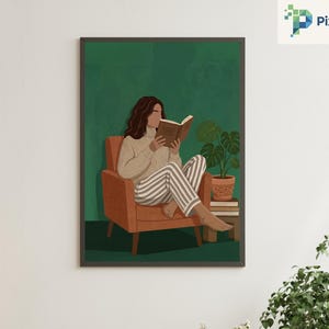 Emerald Green Woman Reading Wall Art: Book Wall Art, Aesthetic Reader Portrait, Minimalist Cozy Decor, Bookish Gift, Digital Art Print