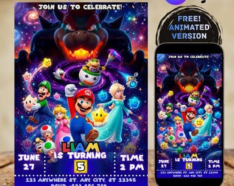 Mario Galaxy Birthday Invitation, Mario Party Template for Canva, Animated Invitation, Printable 5x7 with Backside, Birthday Party Decor