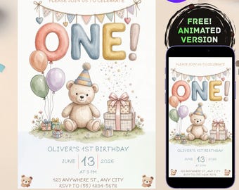 First Birthday Invitation Template, Bear 1st Birthday Invite, Editable Canva Template, 1st Birthday Boy or Girl, Birthday Instant Digital